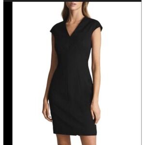 Reiss‎ Hayes Cap Sleeve Sheath Dress Women Size 8 Black Wool Blend V-Neck Formal